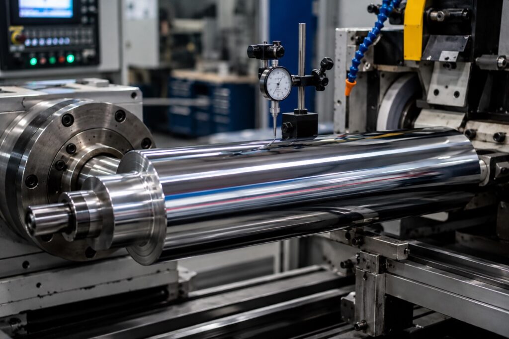 Precision chrome industrial roller manufactured for tight-tolerance coating and converting processes.
